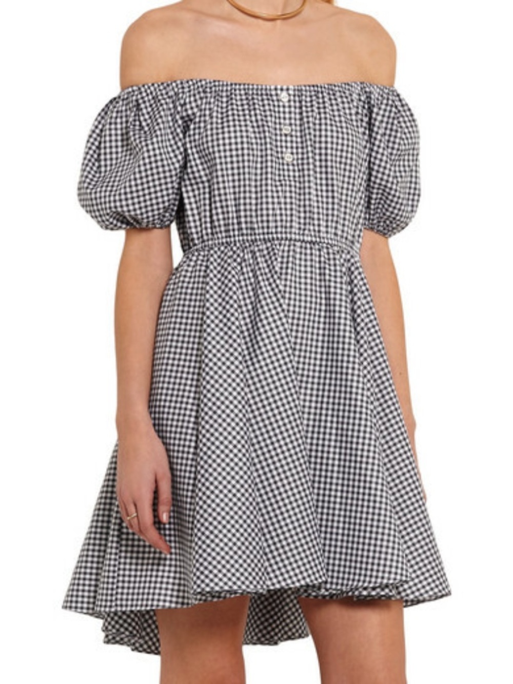 Caroline Constas Bardot Off-The-Shoulder Gingham Dress in Black/White Size
